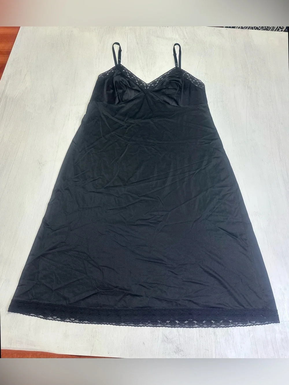 Vintage 90s Vanity Fair Black Slip Dress Lace Trim Nylon Nightgown 40
